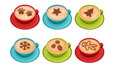 Cups of Coffee with Latte Art on Top Vector Set vector Cups of Coffee with Latte Art on Top Vector Set vector