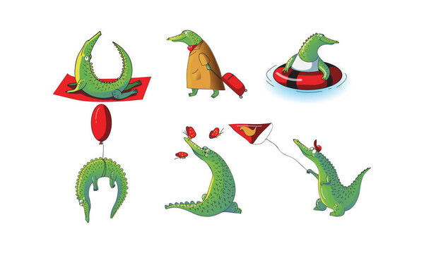 Смешной персонаж крокодила тянет багаж и векторные иллюстрации летающего воздушного змея Стоковый вектор