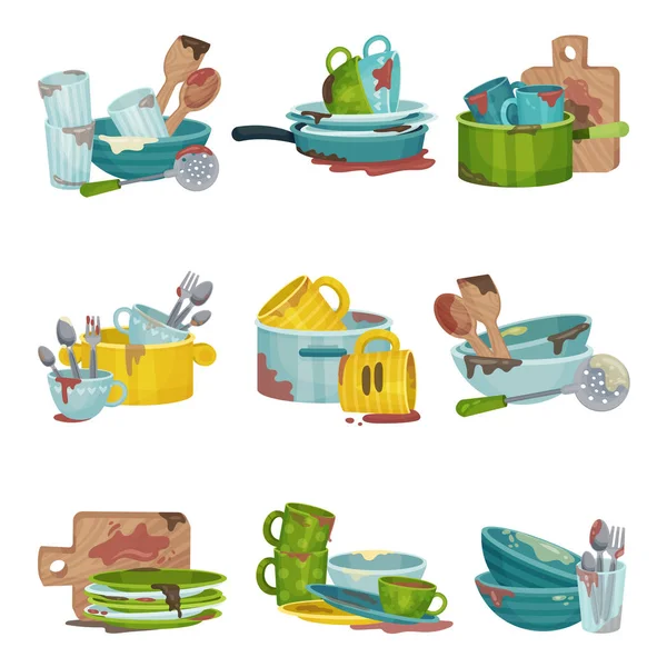 Stack of Dirty Kitchen Utensil and Dinnerware with Plates and Spoons