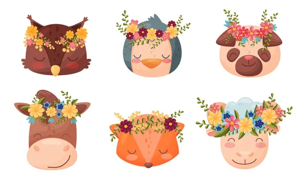Animal Muzzles and Heads with Flower Wreath on Top Vector Set Stock Illustration