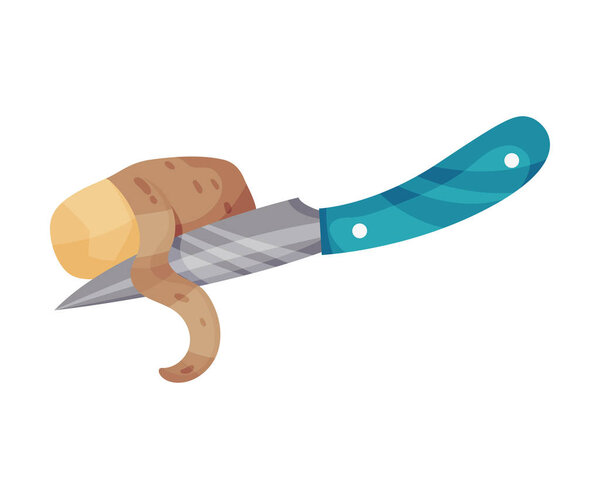 Process of Peeling Potato with Knife Vector Illustration