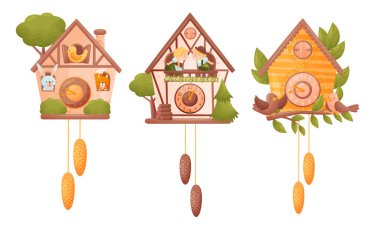 Fairy House Shaped Wall Mounted Clocks with Hanging Fir Cones and Birds Vector Set vector Fairy House Shaped Wall Mounted Clocks with Hanging Fir Cones and Birds Vector Set vector