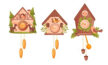 Fairy House Shaped Wall Mounted Clocks with Hanging Fir Cones and Birds Vector Set vector Fairy House Shaped Wall Mounted Clocks with Hanging Fir Cones and Birds Vector Set vector