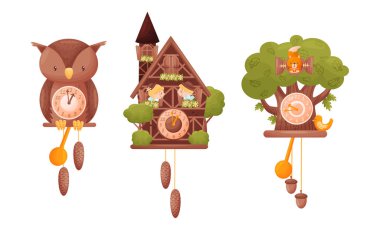 Fairy House Shaped Wall Mounted Clocks with Hanging Fir Cones and Birds Vector Set vector Fairy House Shaped Wall Mounted Clocks with Hanging Fir Cones and Birds Vector Set vector