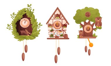 Fairy House Shaped Wall Mounted Clocks with Hanging Fir Cones and Birds Vector Set vector Fairy House Shaped Wall Mounted Clocks with Hanging Fir Cones and Birds Vector Set vector