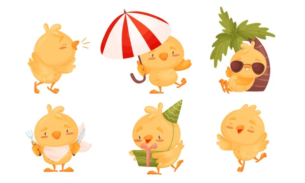 Cartoon Chicken Character Sitting Under Palm Tree and Holding Beach Umbrella Vector Set Stock Illustration