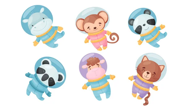 Funny Animals Wearing Astronaut Costumes or Spacesuit in Floating Pose Vector Set Stok Ilustrasi 