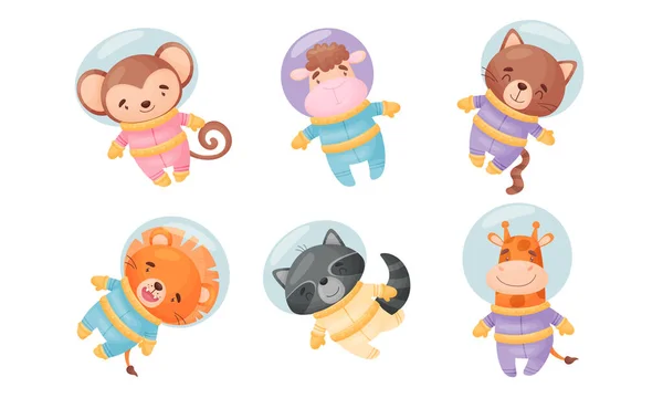 Funny Animals Wearing Astronaut Costumes or Spacesuit in Floating Pose Vector Set Stok Ilustrasi 