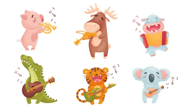 Cartoon Animals Playing Musical Instruments with Crocodile Playing Guitar Vector Set