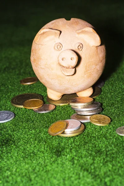 Tax Day Piggy Bank Coins Green Carpet Background — Stock Photo, Image