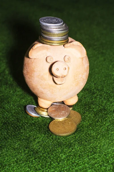 Tax Day Piggy Bank Coins Green Carpet Background — Stock Photo, Image
