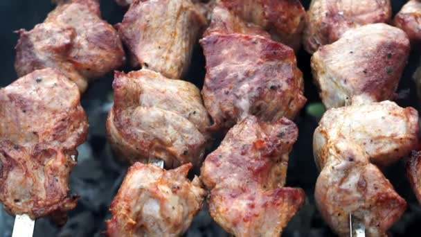 Fried pieces of meat on the coals close-up. Cooking pork on the grill — Stok video