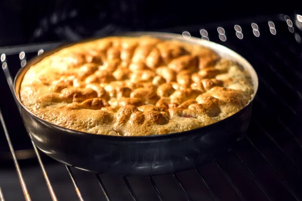 Foto de close-up de torta de maçã grande assar no forno quente — Fotografia de Stock