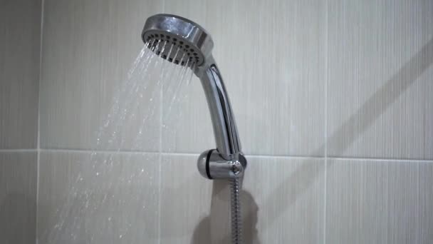 Cabezal de ducha, agua corriente en el baño — Vídeos de Stock