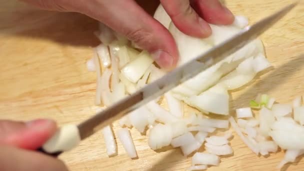 Cook cutting onion on a wooden chopping board. Closeup — Stockvideo