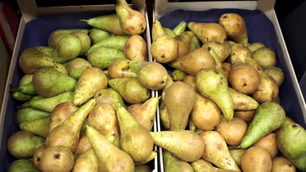 Kolorowe zielone gruszki na rynku i trzymać. Zbliżenie koncepcji selekcji i zakupu wysokiej jakości owoców. smaczny składnik świeżości do gotowania — Wideo stockowe