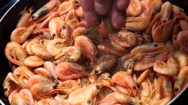 Cocinar camarones, mariscos, añadir especias, eneldo de pimienta negra — Vídeos de Stock