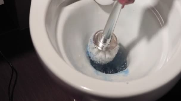 Lavagem vaso sanitário com escova de vaso sanitário. mão limpando um banheiro pela escova de banheiro — Vídeo de Stock