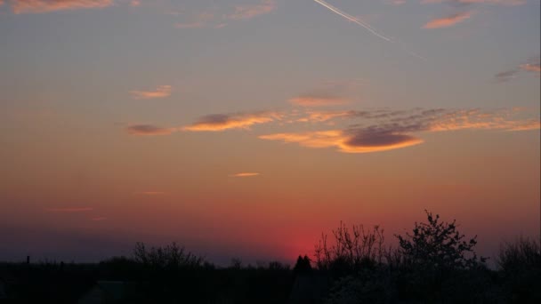 美しい夕日の時間の経過パノラマの風景。夏の背景村の風景木のシルエット — ストック動画