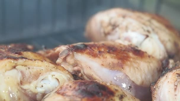 Ψητό κοτόπουλο στη σχάρα close-up μακροεντολή — Αρχείο Βίντεο