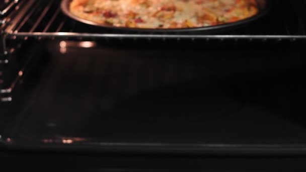 Elektrikli fırında pizza pişirmek. Pizzayı soğutucunun içindeki sıcak yemek tepsisine koyuyorum. Tavuk salatalıklı ve peynirli pizza. — Stok video