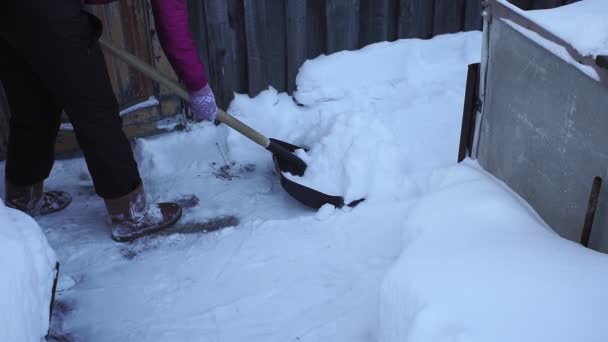Уборка снега лопатой. женщина расчищает дорожку сапогом от выпавшего снега — стоковое видео