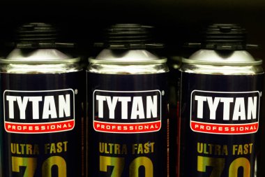Tyumen, Russia-January 20, 2020: mounting foam titanium logo. TYTAN Professional clipart
