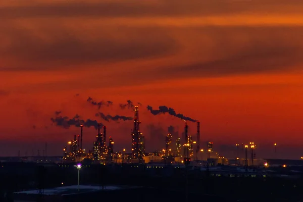 Begreppet miljöförorening från fabriker. växterna på bakgrunden av solnedgången himlen. selektivt fokus — Stockfoto