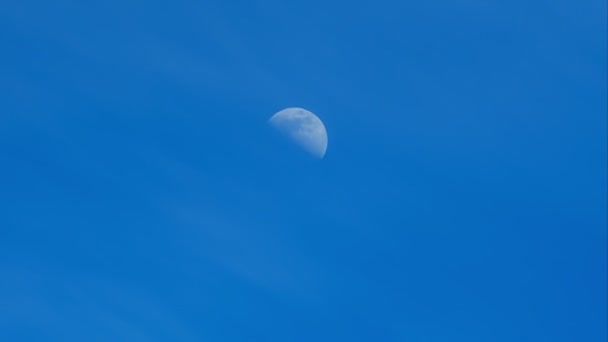 Місяць на фоні блакитного неба протягом дня проміжок часу 4  . — стокове відео