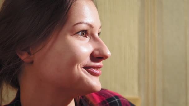 Portrait of a young girl at home close-up — 비디오