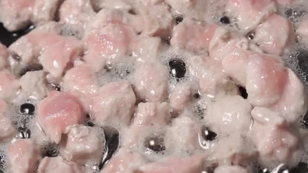 Шматочки м'яса зі спеціями смажать на сковороді крупним планом — стокове відео