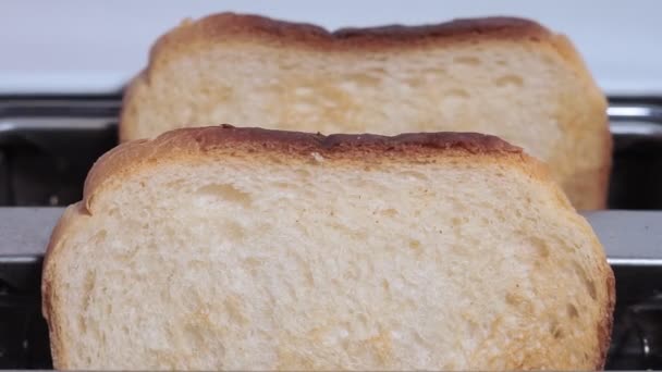 Pan tostado salta de una tostadora blanca. vista de cerca de pasteles en proceso un dispositivo de tostado — Vídeo de stock