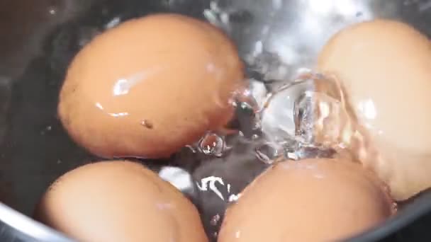 Huevos de pollo hirviendo en sartén de acero inoxidable, primer plano. agua hirviendo — Vídeos de Stock