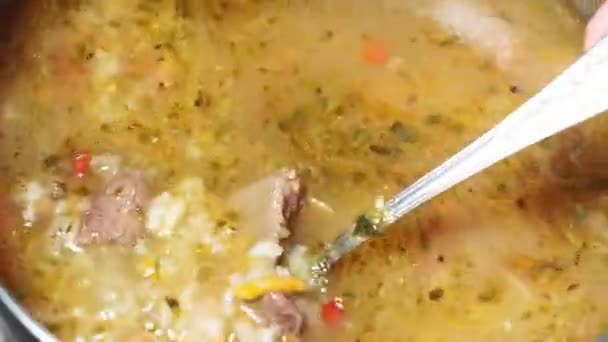 Sopa tradicional georgiana contendo carne bovina, arroz, ameixa de cereja roxa e nozes picadas. foco seletivo close-up — Vídeo de Stock