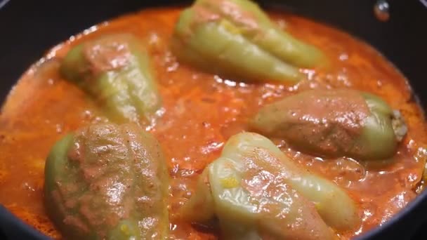 Ζωηρές πιπεριές γεμιστές με κιμά βράζονται σε ένα τηγάνι στη σόμπα. Μαγείρεμα νόστιμο φαγητό στην κουζίνα από κοντά. — Αρχείο Βίντεο