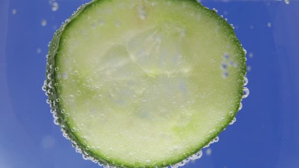 Salatalık suyun içinde şeffaf bir suda yüzüyor. Taze sebzeler makro seçici odaklanma — Stok video
