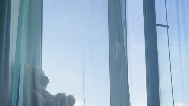 Gordijnen blazen schaduw in de ochtend op het raam hebben wind zachtjes met behulp van als achtergrond — Stockvideo