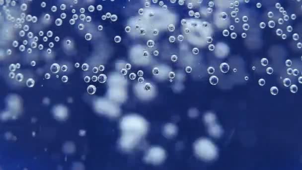 Water bubbles close-up macro background, texture, blue background, bubbles on glass — Stock Video