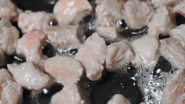Приготовление и приготовление на гриле небольших кусочков жареной свинины . — стоковое видео