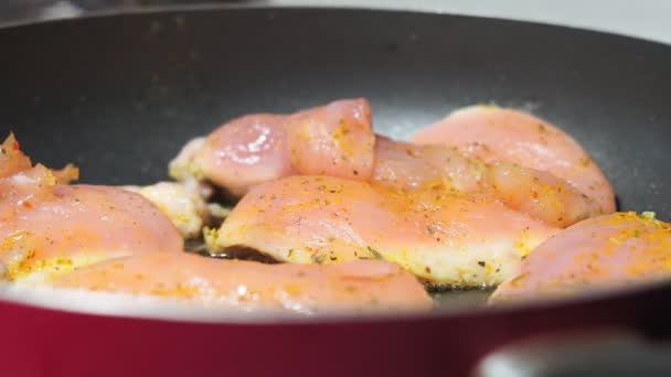 Poulet cru, filet frit dans une poêle à huile avec des épices. les épices du curry, de la cuisine — Video