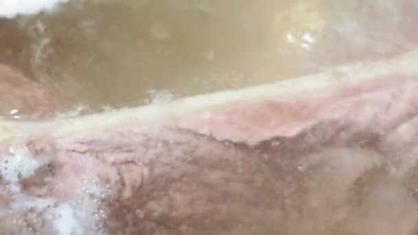 Traditionele rundvlees bouillon, botten en ingrediënten in pot, koken recept. Soep in een kookpot close-up macro, selectieve focus — Stockvideo