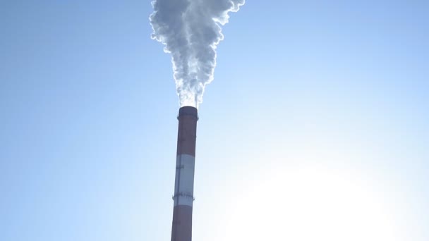 Chimneys of a plant closeup. Pipes with thick smoke against a blue sky. Smoke-emitting chimneys. — Stock Video