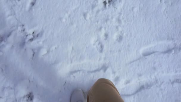穿着白运动鞋的人在雪地里慢慢地走着 — 图库视频影像