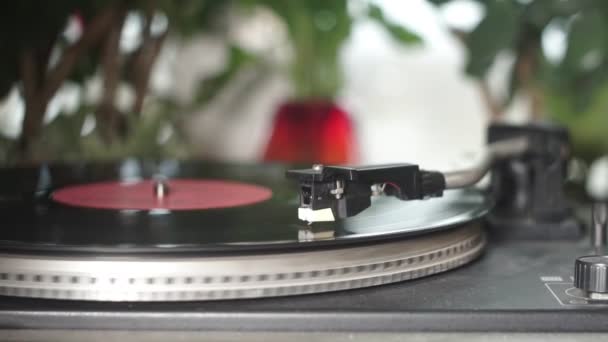 Disco de vinilo girando. primer plano de aguja tocando álbum de grabación en un tocadiscos vintage. Antiguo tocadiscos de escuela — Vídeo de stock