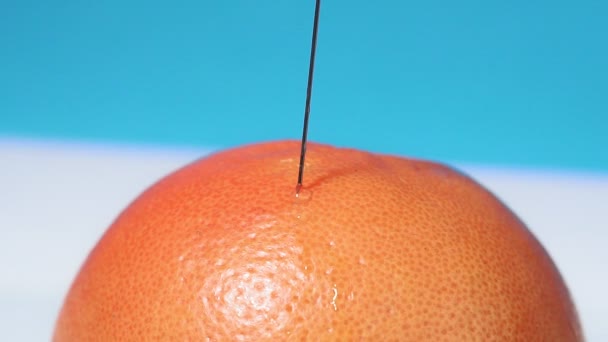 Injection into grapefruit - fruit and syringe chemical GMOfood on a blue background. selective focus — Stock Video