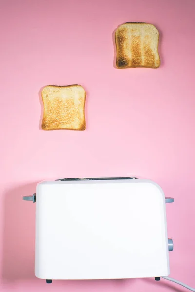 Roasted Bread Jump Out White Toaster Close View Pastries Process — Stock Photo, Image