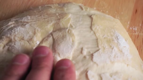 Hamuru pudra unuyla yoğuran Baker 'ın ellerine yakın plan. Pişirme ve şekerleme kavramı. — Stok video