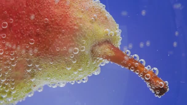 Makro z gruszek owocowych w wodzie z bąbelkami. świeże owoce — Wideo stockowe