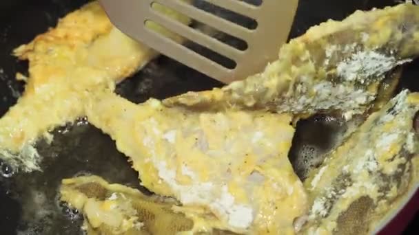 Peixe frito close-up em uma panela em farinha de rosca. foco seletivo . — Vídeo de Stock