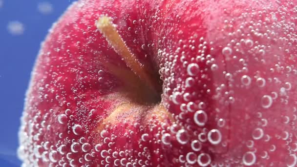 Κόκκινο μήλο φρούτα γκρο πλαν σε νερό, κάτω από το νερό. επιλεκτική εστίαση, ώριμα ζουμερά φρούτα — Αρχείο Βίντεο